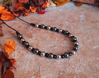 Hematite and stainless steal beads choker, hematite choker necklace, cord choker, dark bead choker necklace, handmade necklaces with stones