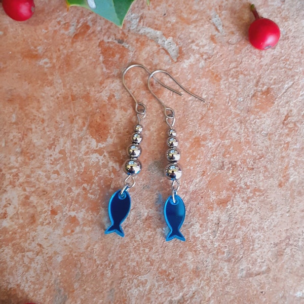 Blue fishes earrings, methacrylate earrings, animal jewelry, original long earrings, jewelry with fishes, funny earrings, animal lovers