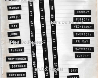 Retro Black Label Maker Calendar Words - Planner - Journal - Holidays - Months - Weeks - Days - Numbers ***BONUS - Tab with inked edges