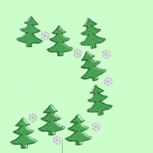 May include: A green background with a pattern of green Christmas trees and white snowflakes.
