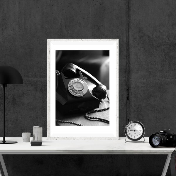 old vintage black bakelite telephone, black and white digital download