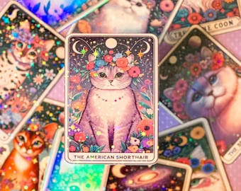 May include: A tarot card with a purple and white cat wearing a flower crown. The card is surrounded by other tarot cards with cats on them. The card reads "The American Shorthair".