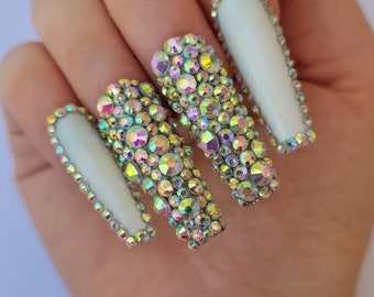 Nails press on nails rhinestones rhinestone nails bling nails acrylic nails gel nails girly nails cute nails pretty nails rhinestone