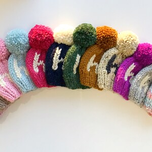 May include: A collection of 12 knitted hats with pom-poms in various colors, including pink, blue, green, brown, and purple. Each hat features a white embroidered design.