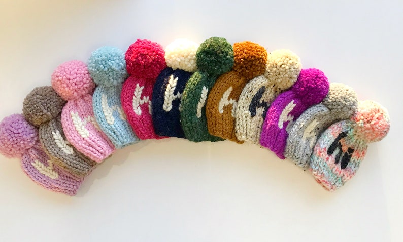 May include: A collection of 12 knitted hats with pom-poms in various colors, including pink, blue, green, brown, and purple. Each hat features a white embroidered design.