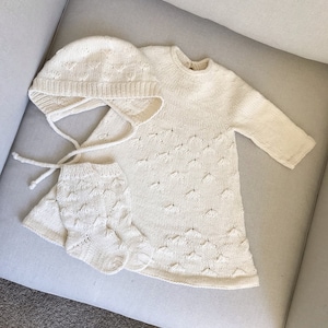 Handmade Baby Girl Christening Outfit – Knit Off White Dress, Bonnet & Booties – Luxury Baptism Gift Keepsake, dandelion pattern, 0-3 months