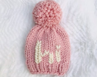 Handmade 'Hi' Baby Beanie – Chunky Knit Newborn Hat with Pom-Pom | Baby Announcement, Photo Prop, Shower Gift