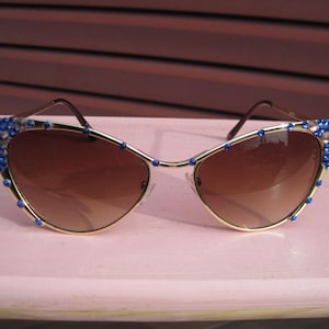 Shanieka - Gold Metal Framed CatEye Sunglasses with Blue Swarovski and CZ Rhinestones