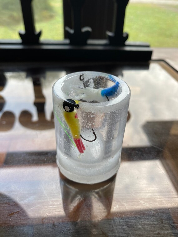 clear plastic cups with fish lure inside Fishermen shotglass
