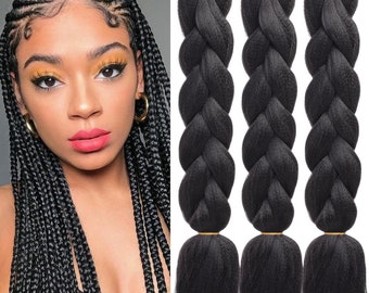 Black Braiding Hair 24 Inch 3 Packs Pre Stretched Box Braids Colorful Twist Braiding Hair Extensions Synthetic Crochet Braiding (1B