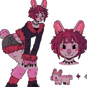 May include: Illustration of a rabbit-like character in a dark purple and pink color scheme. The character has pink hair, ears, and fur trim, wearing a black top, gray shorts, and platform shoes. Additional images include a headshot and a small rabbit.