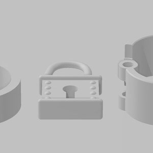Puede incluir: Tres objetos impresos en 3D: un candado, un anillo y una pieza cilíndrica con una pequeña abertura. Los objetos son todos blancos y parecen estar hechos de plástico.