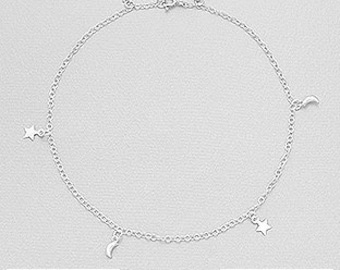 Fotlänk i 925 sterlingsilver, silverfotlänk med måne och stjärnor, fotlänk för kvinnor, silverfotlänk för henne, bohemisk fotlänk, sommarfotlänk, perfekt present