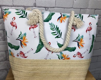 Large Beach Bag with Zipper Closure, Heavy Duty Cotton Canvas, Tropical Beach Tote. Flamingo Vacation Bag