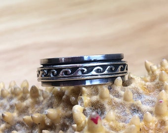 925 Sterling Silver Oxidized Wave Spin Band Ring, Fidget Ring, Anxiety Ring, Meditation Ring,