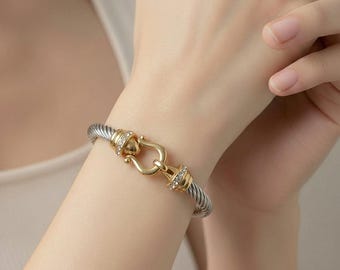Stainless Steel Twisted Cable Bracelet, Gold Clasp, Minimalist Bangle, Everyday Jewelry