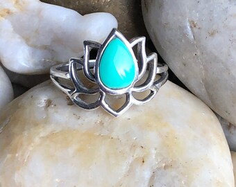 925 Sterling Silver Turquoise Lotus Sterling Silver Ring, Yoga, Meditation, Great Gift, Flower Ring for her, Boho ring