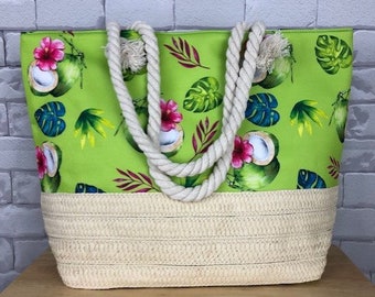 Large Beach Bag with Zipper Closure, Heavy Duty Cotton Canvas, Tropical Beach Tote Vacation