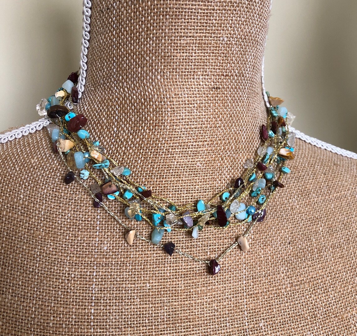 Japanese silk cord necklace beaded w/ turquoise Etsy