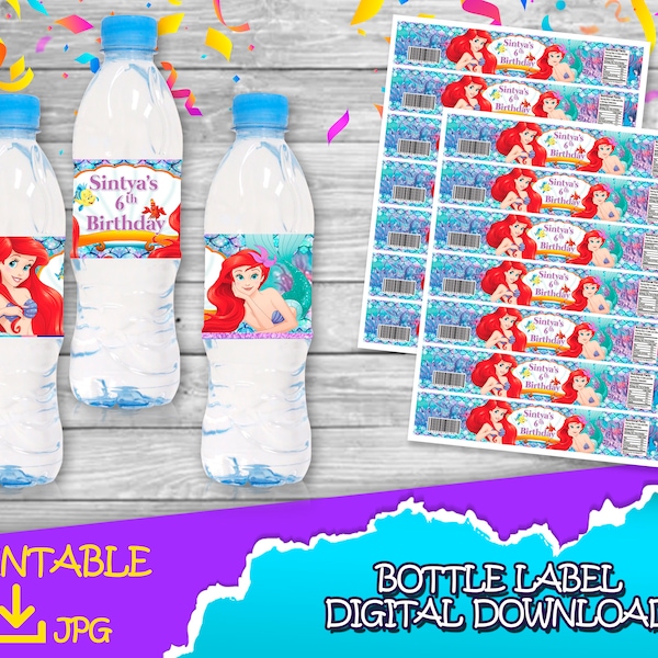 The Little Mermaid Birthday Party -Bottle Label - DIGITAL DOWNLOAD- Ariel Princess Bottle label -Birthday Supplies. Bottle label 6-16 oz