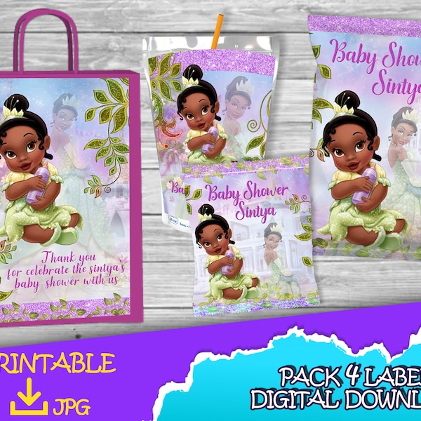 Baby Tiana Birthday Pack - Chip Bag -Fruit Snacks-Favor bag- Juice - Labels printables - Princess Tiana Baby Birthday DIGITAL DOWNLOAD