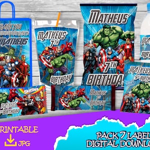 The Avengers Birthday Pack - Chip Bag -Fruit Snacks-Favor bag-Juice -Water Bottle -Candy bar - Skittle Labels printables DIGITAL DOWNLOAD