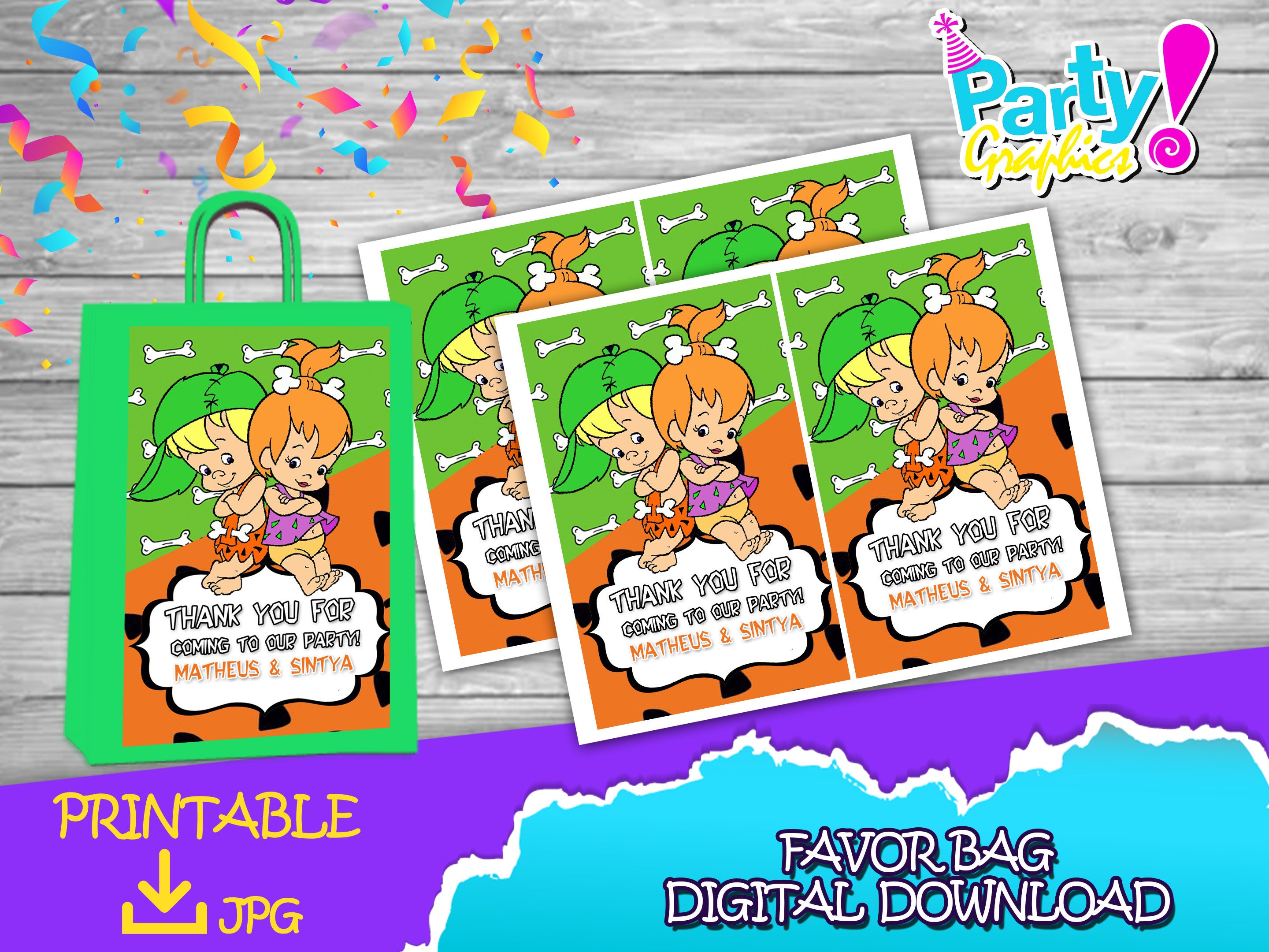 Pebbles and Bam Bam Birthday Party Favor Bag Label DIGITAL Etsy