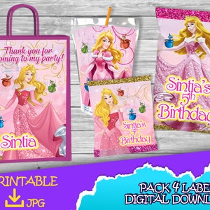 Sleeping Beauty Birthday Pack -Chip Bag -Fruit Snacks-Favor bag- Juice -Printables - Sleeping Beauty Birthday DIGITAL DOWNLOAD