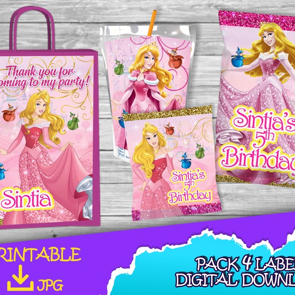 Sleeping Beauty Birthday Pack -Chip Bag -Fruit Snacks-Favor bag- Juice -Printables - Sleeping Beauty Birthday DIGITAL DOWNLOAD