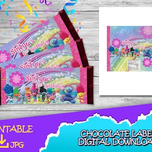 Trolls Birthday Party - Chocolate Label - DIGITAL DOWNLOAD - Candy Bar - Birthday Supplies. Barre de bonbons 1,45 oz