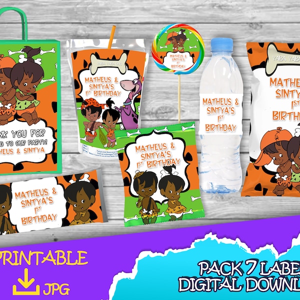 Pebbles and Bam Bam Birthday Pack - Chip Bag -Fruit Snacks-Favor bag-Juice -Water Bottle -Candy bar -Lollipop printables DIGITAL DOWNLOAD