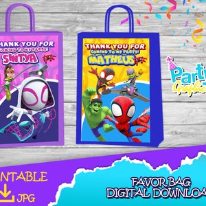 Spinne und seine tollen Freunde Geburtstagsparty – Geschenktütenetikett – DIGITALER DOWNLOAD – Spidey zum Ausdrucken – Geburtstagszubehör. Geschenktüte 21,5x14cm