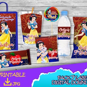 Snow White Princess Pack - Chip Bag -Fruit Snacks-Favor bag- Juice -Water Bottle -Candy bar -Lollipop Labels printables DIGITAL DOWNLOAD