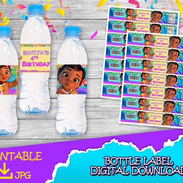 Moana Birthday Party -Bottle Label - DIGITAL DOWNLOAD- Baby Moana Bottle label -Birthday Supplies. Bottle label 6-16 oz