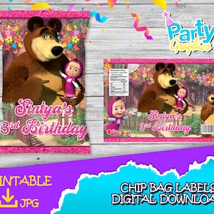 Masha e l'Orso - Chip Bag Label -DIGITAL DOWNLOAD - Masha e l'Orso stampabile - Forniture di compleanno. patatine da 1 oz