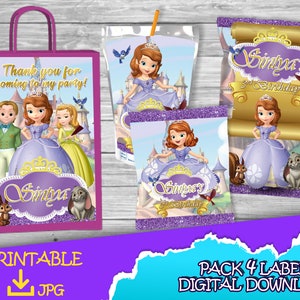 Prinzessin Sofia Geburtstagspaket – Chip-Tüte – Obstsnacks – Geschenktüte – Saft – Etiketten zum Ausdrucken – Sofia der erste Geburtstag DIGITALER DOWNLOAD