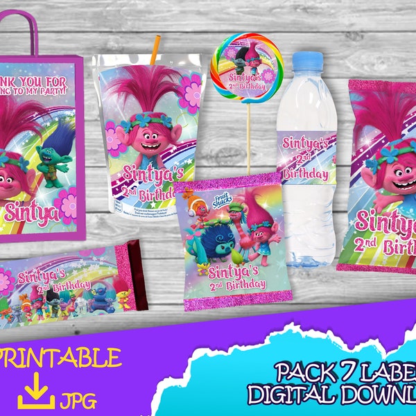 Trolls Party Pack -Chip Bag -Fruit Snacks-Favor bag- Juice -Bottle -Candy Bar -Lollipop- Labels printables- Trolls Birthday DIGITAL DOWNLOAD