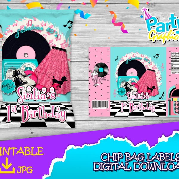 50s Birthday Girl Party - Chip Bag Label -DIGITAL DOWNLOAD - 50s Printable - Birthday Supplies. 1oz chips