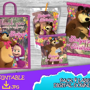 Masha and the Bear Birthday Pack -Chip Bag -Fruit Snacks-Favor bag- Juice -Printables - Masha and the Bear Birthday DIGITAL DOWNLOAD