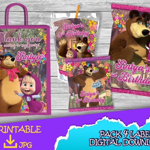 Masha and the Bear Birthday Pack -Chip Bag -Fruit Snacks-Favor bag- Juice -Printables - Masha and the Bear Birthday DIGITAL DOWNLOAD
