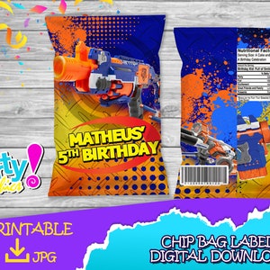 Darts Gun Party-etykieta na torebkę z chipami-pobranie cyfrowe-pistolet do rzutek do druku-materiały urodzinowe. Chipsy 1 uncja