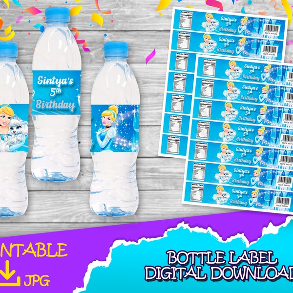 Cinderella Princess Birthday Party -Bottle Label - DIGITAL DOWNLOAD- Cinderella Bottle label -Birthday Supplies. Bottle label 6-16 oz