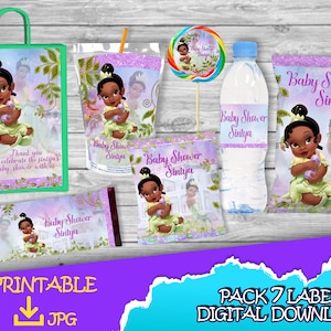 Baby Tiana Birthday Pack - Chip Bag -Fruit Snacks-Favor bag- Juice -Water Bottle -Candy bar -Lollipop Labels printables DIGITAL DOWNLOAD