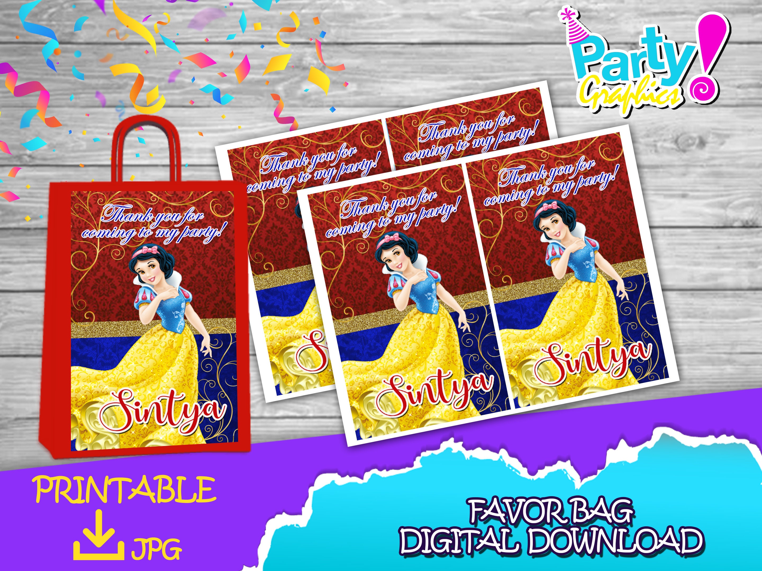Snow White Princess Birthday Party - Favor Bag Label -DIGITALE DOWNLOAD - Sneeuwwitje afdrukbaar - Verjaardagsbenodigdheden. Bedankzakje 21,5x14cm
