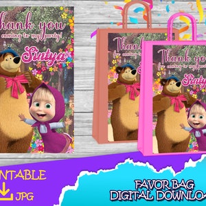 Festa di compleanno di Masha e Orso - Etichetta borsa favore - DOWNLOAD DIGITALE - Stampabile - Forniture di compleanno. Sacchetto bomboniera 21,5x14cm