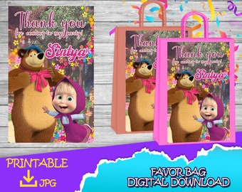 Masha and the Bear Birthday Party - Favor Bag Label - DIGITAL DOWNLOAD - Printable - Birthday Supplies. Favor bag 21,5x14cm