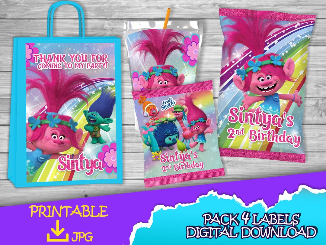 Trolls Birthday Pack Chip Bag fruit Snacksfavor Bag Juice Printable