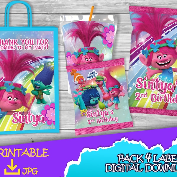 Trolls Birthday Pack - Chip Bag -Fruit Snacks-Favor bag- Juice - Printable Labels - Trolls Birthday DIGITAL DOWNLOAD