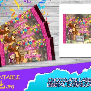 Festa di compleanno di Masha e Orso - Etichetta di cioccolato - DOWNLOAD DIGITALE- Masha e Orso Candy Bar - Forniture di compleanno. Barretta di cioccolato 1,45 once