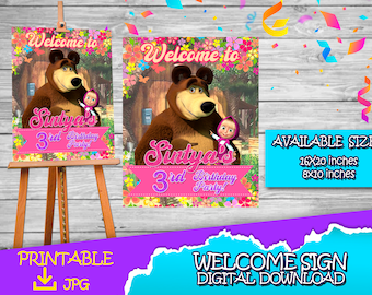 Welcome Sign Masha and the Bear - Masha and the Bear Birthday Welcome Sign - Masha and the Bear Birthday Party - Welcome Sign For Party